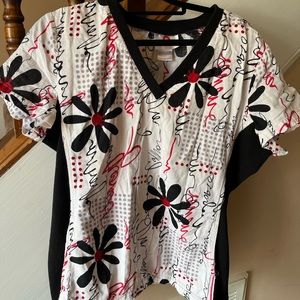 White Cross Floral Print Scrub Top